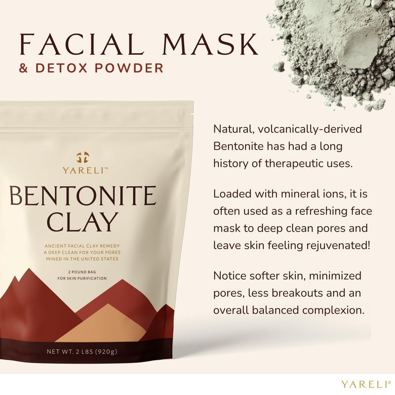 YARELI Bentonite Clay Powder Facial Mask &amp; Detox Bath, Pure Indian Healing Clay, 2lb (32oz)