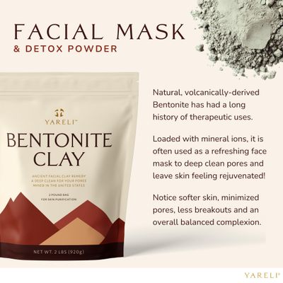 YARELI Bentonite Clay Powder Facial Mask &amp; Detox Bath, Pure Indian Healing Clay, 2lb (32oz)