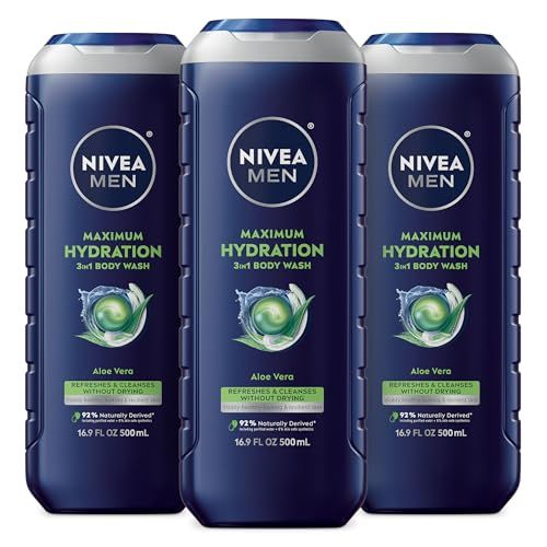 NIVEA MEN Maximum Hydration Body Wash, Aloe Vera Body Wash for Dry Skin, 3 Pack of 16.9 Fl Oz Bottles