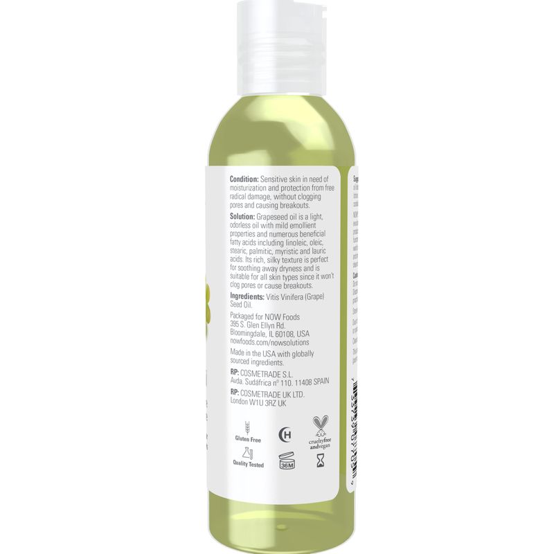 NOW Foods Solutions, Grapeseed Oil, Skin Care for Sensitive Skin, Light Silky Moisturizer for All Skin Types, 4-Ounce