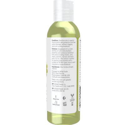 NOW Foods Solutions, Grapeseed Oil, Skin Care for Sensitive Skin, Light Silky Moisturizer for All Skin Types, 4-Ounce