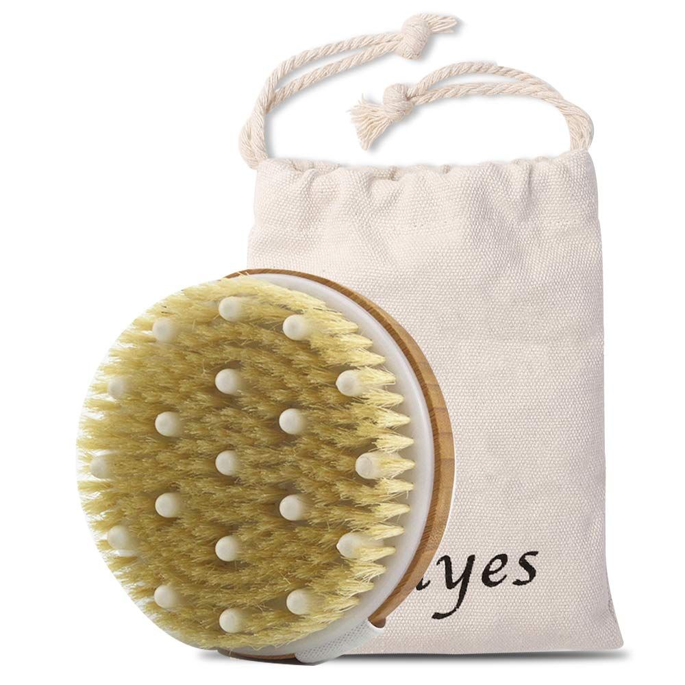 Ithyes Body Brush Dry Brushing Bath Brush Gentle Skin Exfoliate Massage Scrub 100% Nature Boar Bristles Bamboo Wood Improve Blood Circulation Wet &amp; Dry Smooth Fresh Treatment,with Canvas Bag