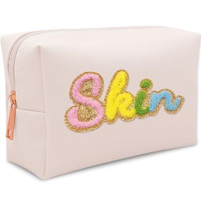 Premium Preppy Makeup Bag Set w Zipper, Handwritting Waterproof Cosmetic Bag for Women, Cute Preppy Patch Toiletry Bag for Traveling Outdoors, Gift Ideal for Mom Sister Daughter (Ivory Skin)