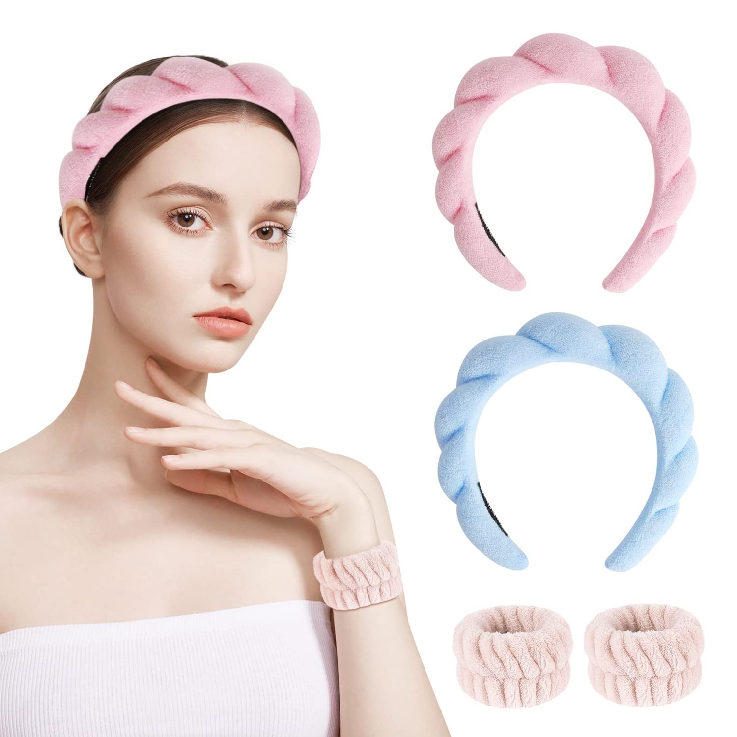 moniko Spa Headband for Washing Face,Makeup Headbands for Women,Wrist Strap Set Prevent Liquid Overflow,Face Wash Headband for Skincare,Makeup Removal,Hair Accessories(4 Pack)