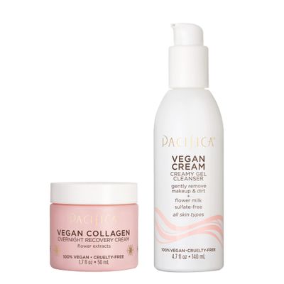 Pacifica Beauty Vegan Collagen Overnight Recovery Cream &amp; Vegan Cream Creamy Gel Cleanser Set, Skincare, Face Wash, Moisturizer, Hyaluronic Acid, For Aging, Dry Skin, 1.7 oz and 4.7 oz (Set of 2)