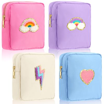 Spiareal 4 Pcs Preppy Patch Makeup Bag Cute Chenille Letter Pouch Cosmetic Makeup Cases Toiletry Bag with Zipper Travel Organizer Stuff Skincare Bags for Women Nurse(Heart)