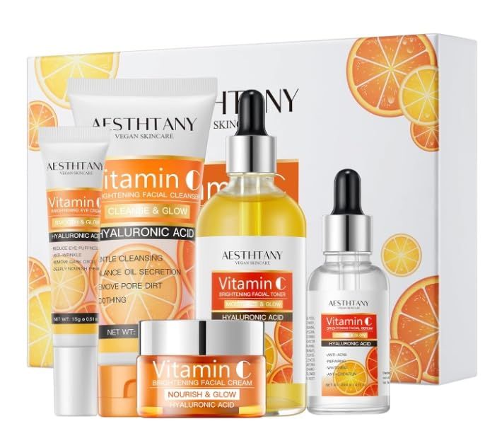 R RadiantRise Vitamin C Skin Care Set For Women , 5-In-1 Moisturizing Hyaluronic Acid Skin Care Routine with Facial Cleanser, Serum, Face Cream, Eye Cream, Toner Valentine&#39;s Day Gift