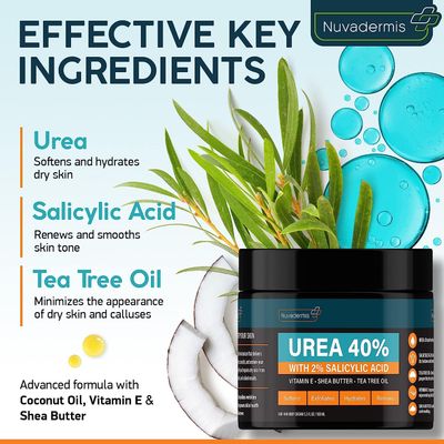 NUVADERMIS Urea Cream 40% for Feet - Maximum Strength Foot Repair Lotion with 2% Salicylic Acid, Shea Butter, Tea Tree Oil, and Vitamin E - For Dry, Cracked Heels - 5.29 oz Jar - 2 Pack