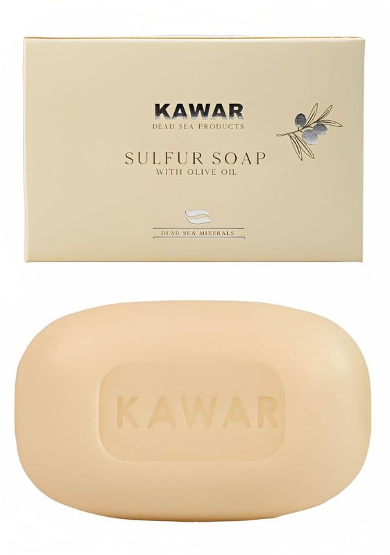 KAWAR Dead Sea Sulfur Soap with Olive Oil, Relief Skin Conditions Such as Acne, Psoriasis, Eczema &amp; Blackheads, for Oily to Normal Skin, Vegan Soap Bar for Men &amp; Women, 4.2 oz