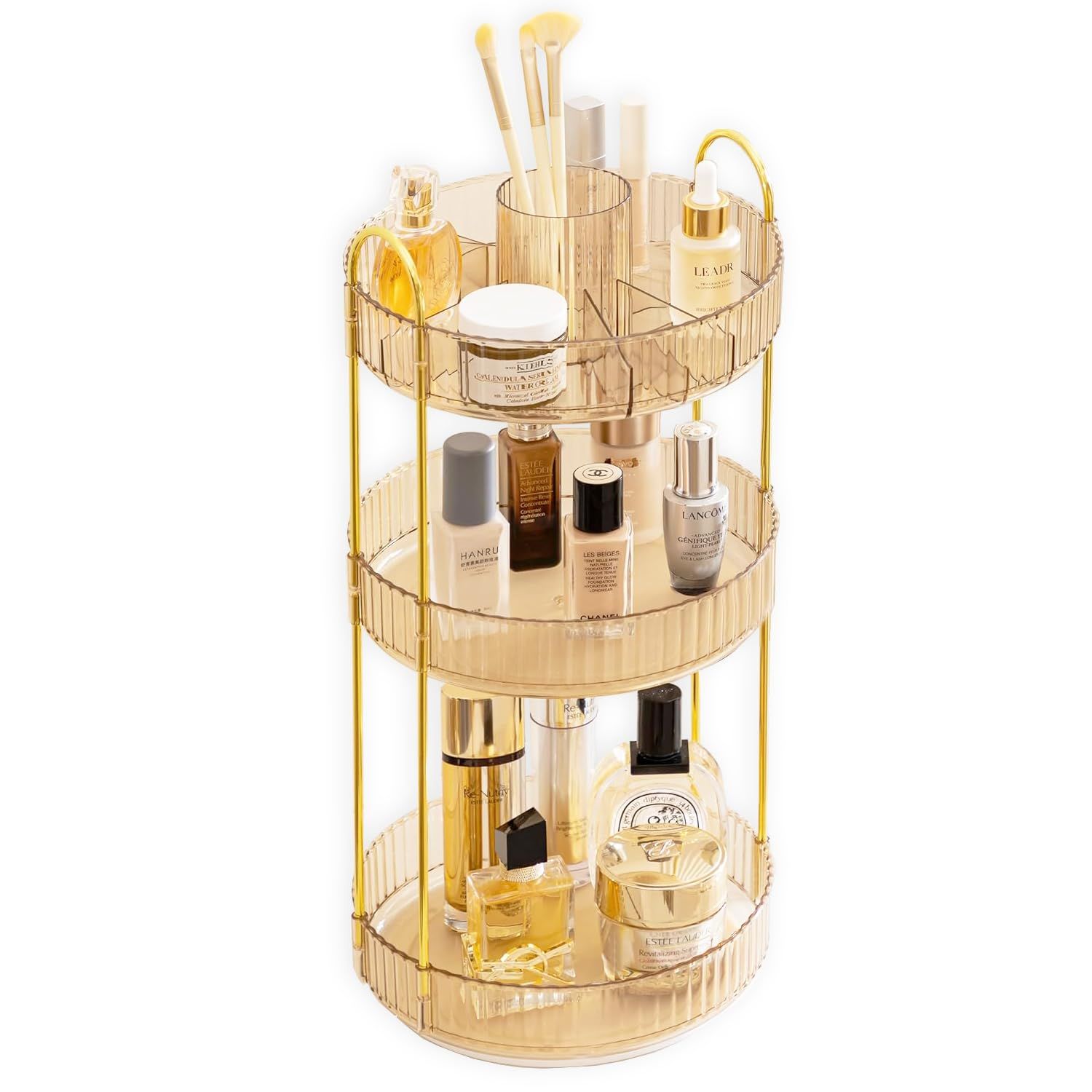 ROLIZOE 360 Rotating Makeup Organizer for Vanity 3 Tier Lazy Susan Bathroom Organizer Countertop Spinning Skincare Perfume Organizer Cosmetic Organizer with Makeup Brush Holder for Dresser, Gold