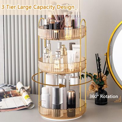 ROLIZOE 360 Rotating Makeup Organizer for Vanity 3 Tier Lazy Susan Bathroom Organizer Countertop Spinning Skincare Perfume Organizer Cosmetic Organizer with Makeup Brush Holder for Dresser, Gold