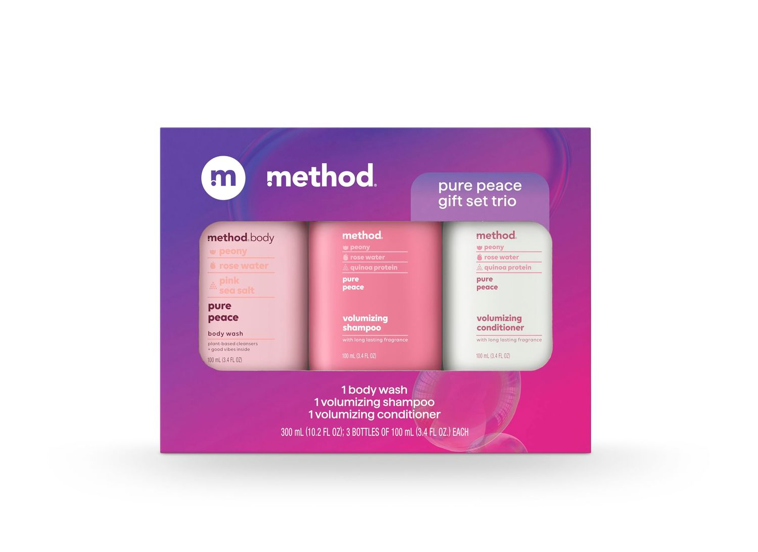 Method Body Wash and Hair Care Gift Set, Pure Peace, 3.4 oz Travel Size Bottles