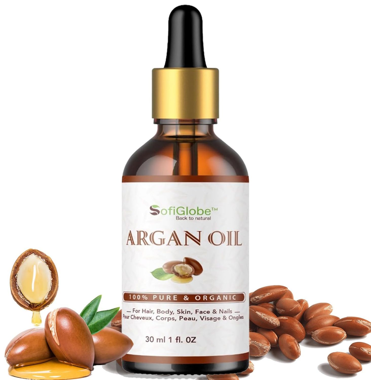 SofiGlobe Argan Oil, Organic,100% pure, cold pressed and unrefined. Your best cosmetic care for hydrated skin, smooth hair and healthy nails. (1 Oz/30 ml)