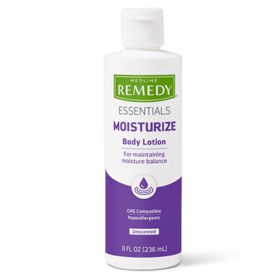 Medline Remedy Essential Moisturizing Body Lotion (8 oz Bottle), 36 Count, Unscented, Hydrating, Soothing For Dry Skin, Smooths &amp; Softens, Non-Greasy, Hypoallergenic, Men, Women, Elderly