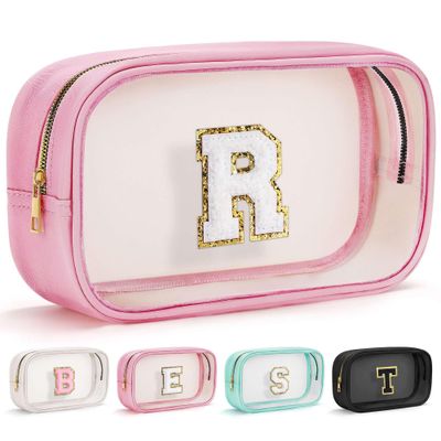 YOOLIFE Initial Travel Makeup Bag Pouch, Clear Toiletry Bag for Women Travel Accessories Cosmetic Bag Skin Care for Teen Make Up Bags Birthday Gifts for Women Unique Teacher Mom Friends Gifts Pink R