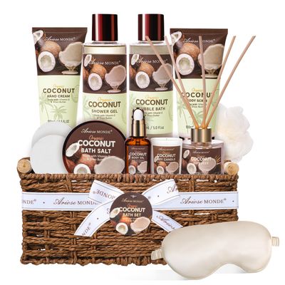 Spa Gift Baskets for Women, Coconut Bath Gift Set for Women Include Bubble Bath, Shower Steamers, Bath Salt. Bath and Body Spa Kit, Mom Birthday Gifts from Daughter, Birthday Gift Basket for Women