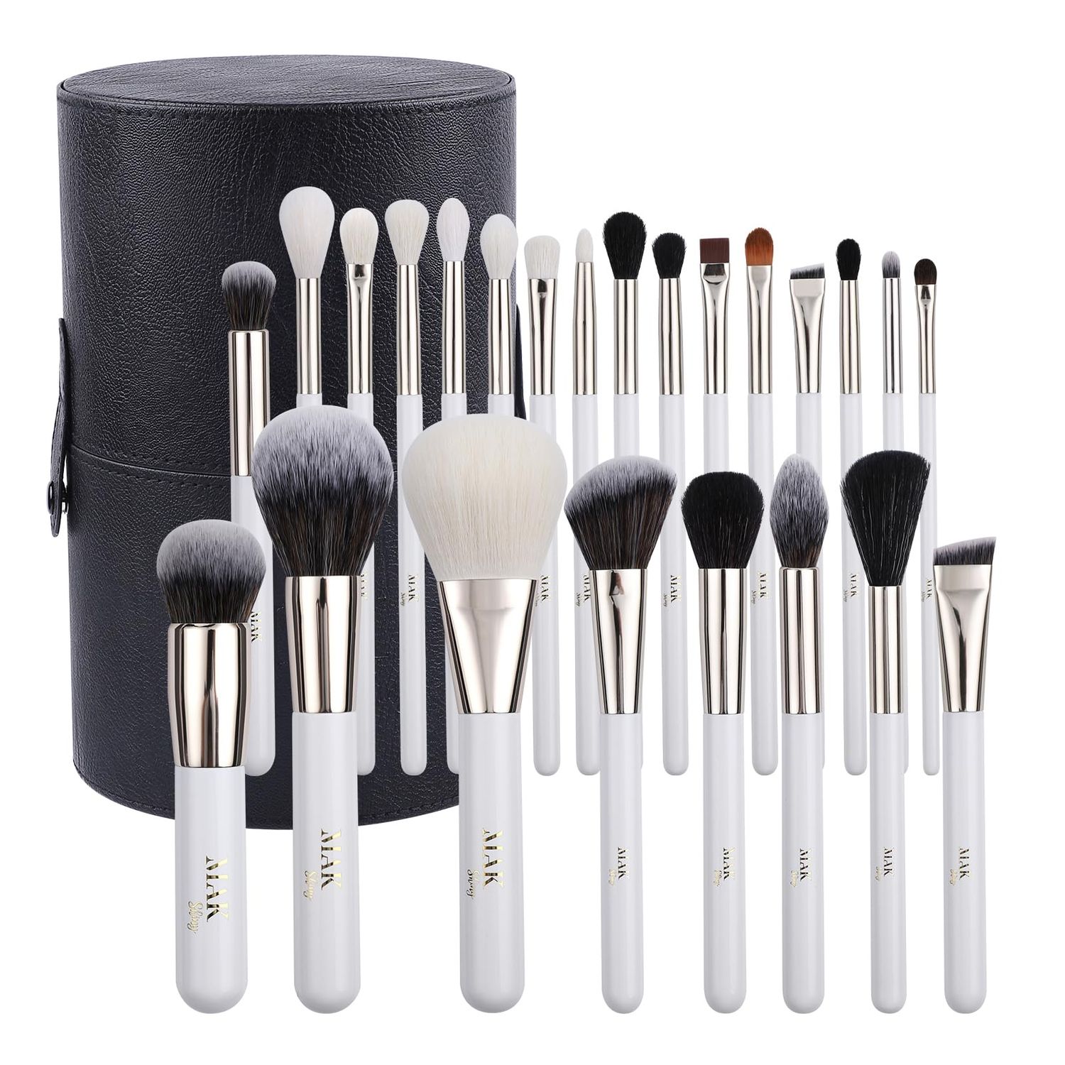 MAK Shiny Makeup Brushes 24 Pcs Set with Leather Case, Multi Use with Natural and Synthetic Hair (24 Pcs + Large Leather Case Holder)