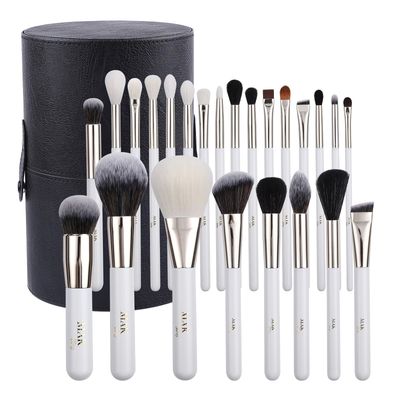 MAK Shiny Makeup Brushes 24 Pcs Set with Leather Case, Multi Use with Natural and Synthetic Hair (24 Pcs + Large Leather Case Holder)