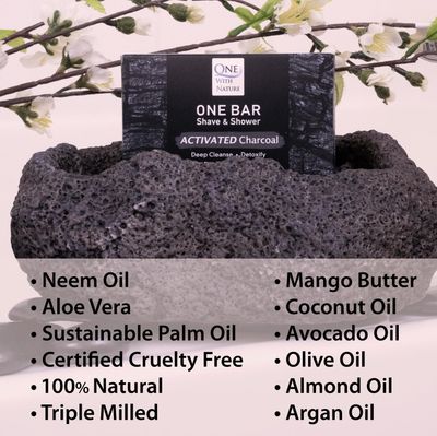 ONE Bar Activated Charcoal 3.5 oz 3 Pack - Shave, Shower, Shampoo, face, beard, body, hair/scalp, SuperFAT oil Infused: Avocado, Mango, Olive, Coconut, Argan, Moisturizing and Nourishing Oil.