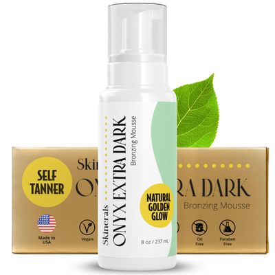 Skinerals Self Tanner Mousse - Onyx Extra Dark Self Tan, No-Streak Natural Sunless Tanner, Organic Tanning Foam, Long Lasting Fake Tan Face Body - 8oz
