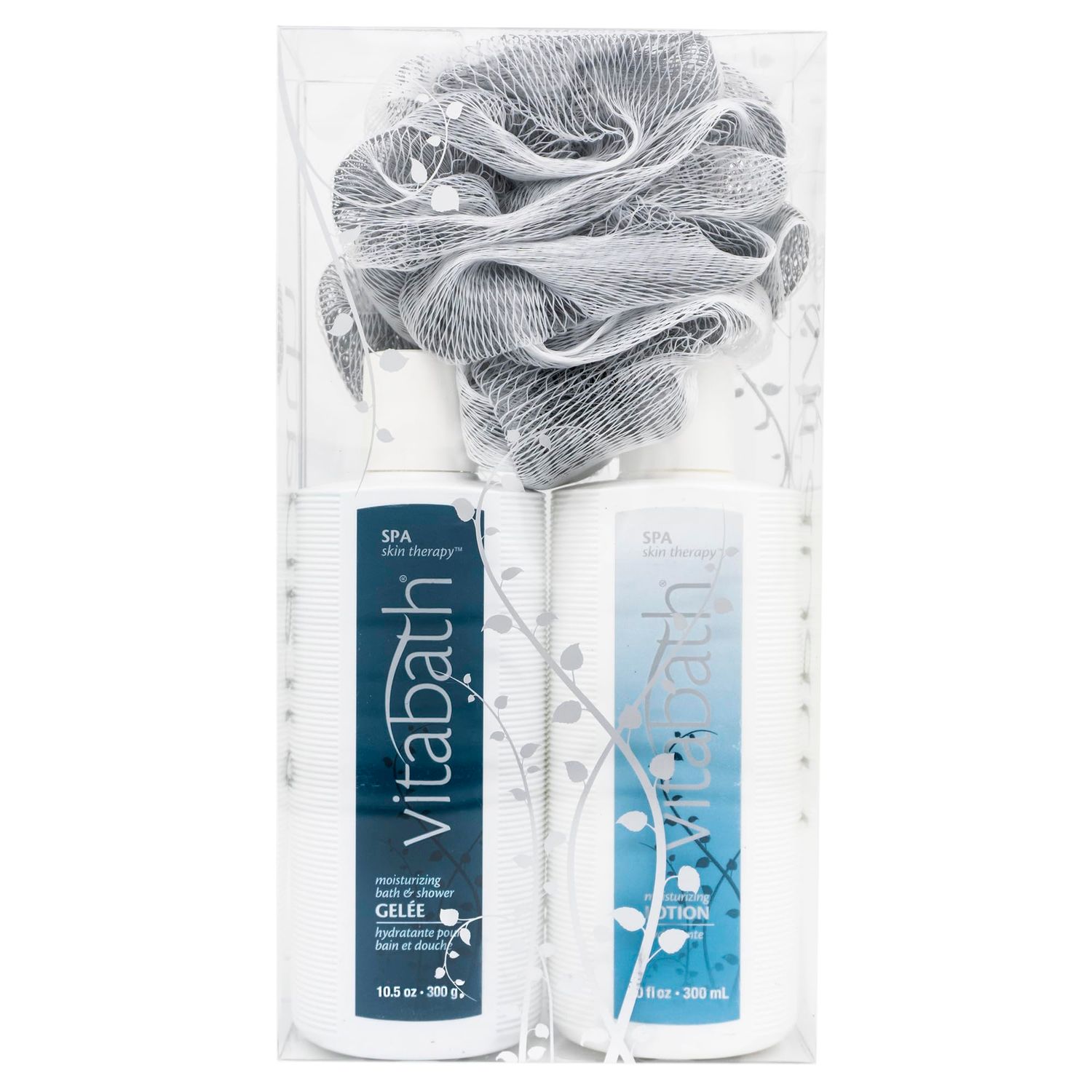 Vitabath Spa Skin Therapy Everyday Skincare Set Moisturizing Shower Gel Wash, Reviving Lotion &amp; Exfoliating Body Scrubber Pouf - Refreshing Foam Cleanser &amp; Dry Skin Hydration for Women &amp; Men