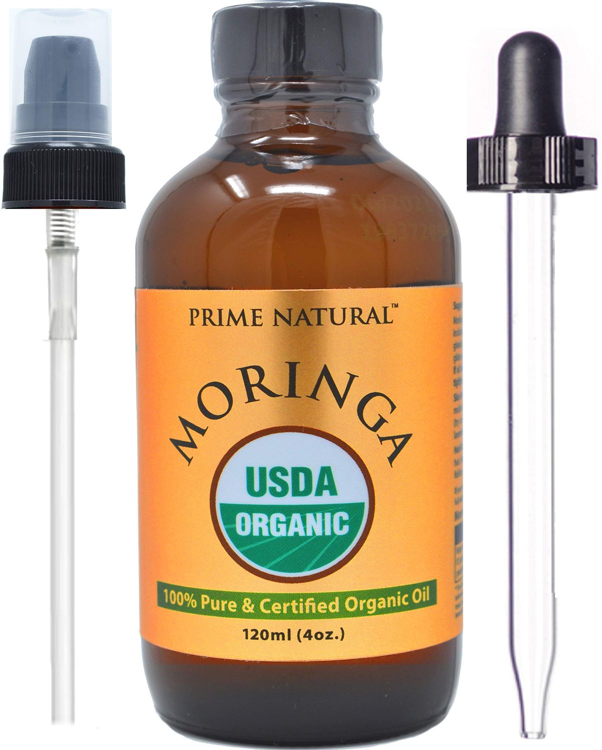 PRIME NATURAL Organic Moringa Oil USDA Certified, 100% Pure, Cold Pressed, Virgin, Unrefined Oil (4oz /120ml) - Joints, Skin, Face, Body &amp; Hair - Vegan - Food Grade - Natural Moisturizer