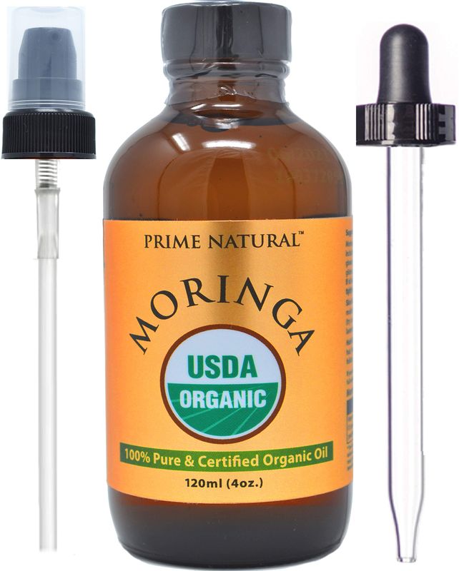 PRIME NATURAL Organic Moringa Oil USDA Certified, 100% Pure, Cold Pressed, Virgin, Unrefined Oil (4oz /120ml) - Joints, Skin, Face, Body &amp; Hair - Vegan - Food Grade - Natural Moisturizer