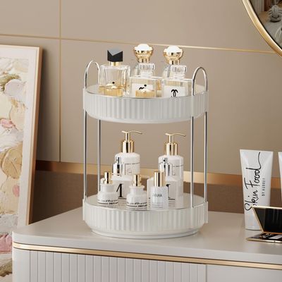 shuang qing Rotating Makeup Organizer for Vanity 2 Tier, High-Capacity Skincare Clear Make Up Storage Perfume Organizers Cosmetic Dresser Organizer Countertop 360 Spinning (Cream White)