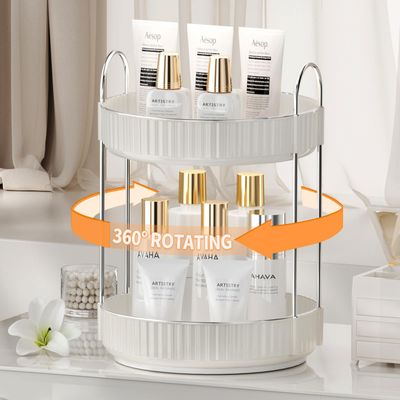 shuang qing Rotating Makeup Organizer for Vanity 2 Tier, High-Capacity Skincare Clear Make Up Storage Perfume Organizers Cosmetic Dresser Organizer Countertop 360 Spinning (Cream White)