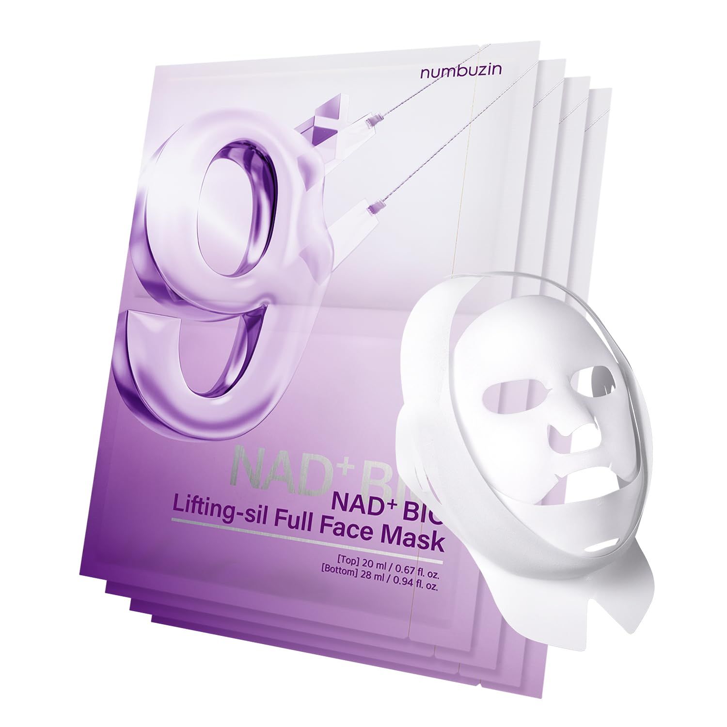 numbuzin No.9 Sheet Mask | NAD+ BIO Lifting-sil Full Face Mask | Improves Double-chin, Jawline, Wrinkles, Neck Lines | Peptides, NAD+, Collagen | Skin Lifting, Firmness | 4 Sheets+Lifting Band