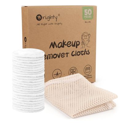 Orighty Microfiber Makeup Remover Pads 50 Count, Makeup Remover Cloths with Laundry Bag, Remove Make-up Just with Water, Reusable Face Pad for All Skin Type, Make-up Wipes for Facial Cleansing, White