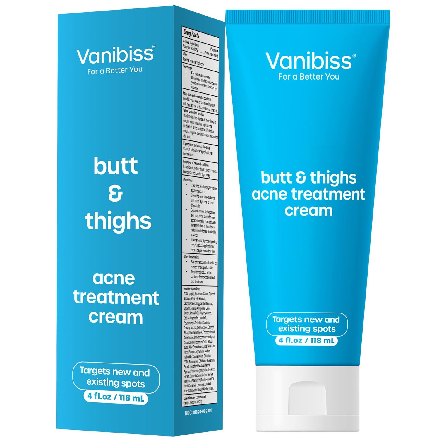 Vanibiss Butt &amp; Thighs Acne Treatment Cream - Reduce Butt Acne, Pimples &amp; Zits - Buttocks Acne Cream - Butt Acne Clearing Lotion - Butt Cream for Bum Acne - 2% Salicylic Acid for Acne Prone Skin (4oz)