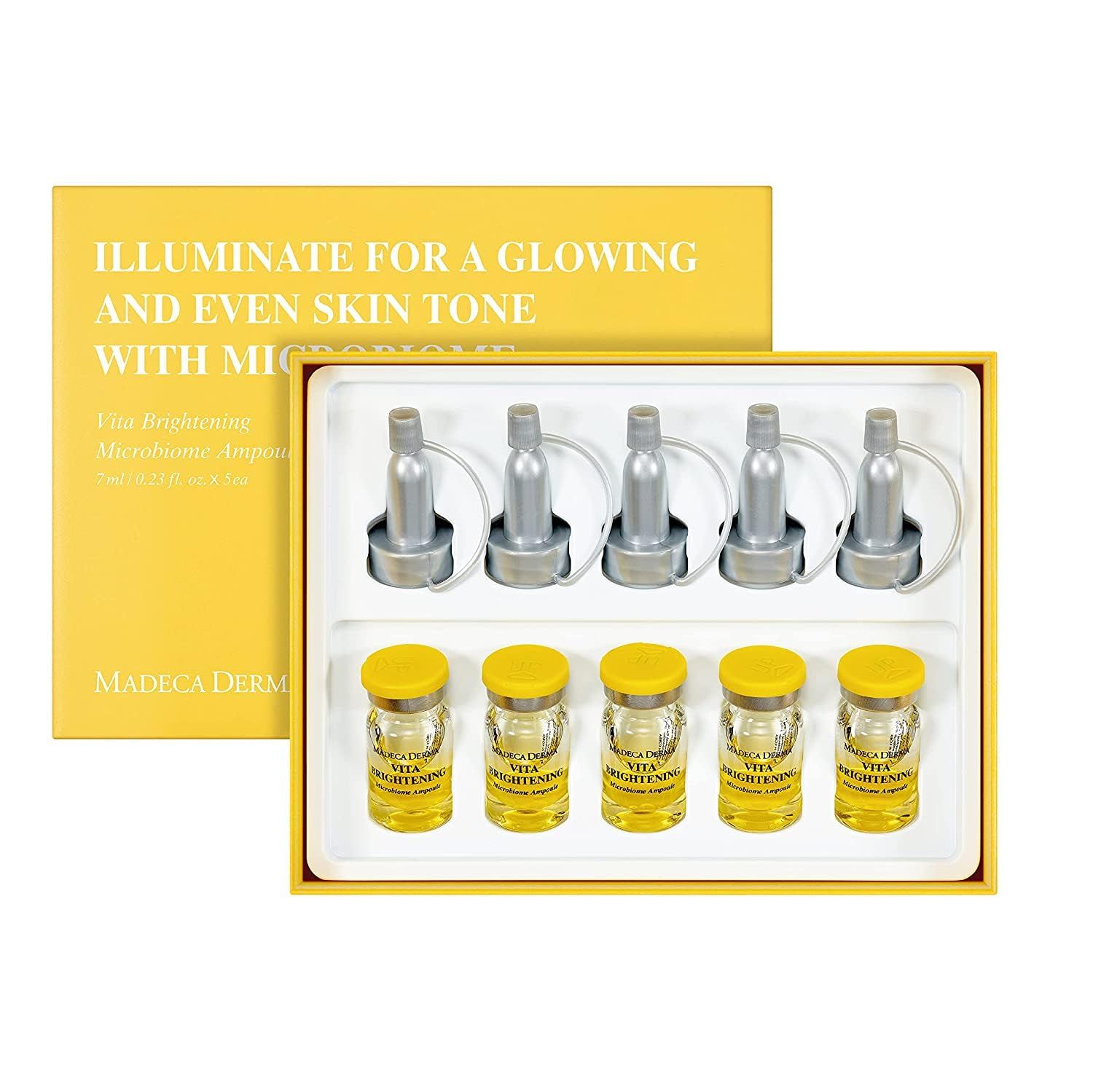 MADECA DERMA Vita Brightening Microbiome Ampoule - Brightening with Vitamins C &amp; E, Hyaluronic Acid &amp; Antioxidants, Korean Skincare for Radiant, Even Tone &amp; Dark Spot Care (0.23 fl oz x 5 Bottles)