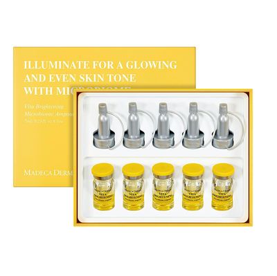 MADECA DERMA Vita Brightening Microbiome Ampoule - Brightening with Vitamins C &amp; E, Hyaluronic Acid &amp; Antioxidants, Korean Skincare for Radiant, Even Tone &amp; Dark Spot Care (0.23 fl oz x 5 Bottles)