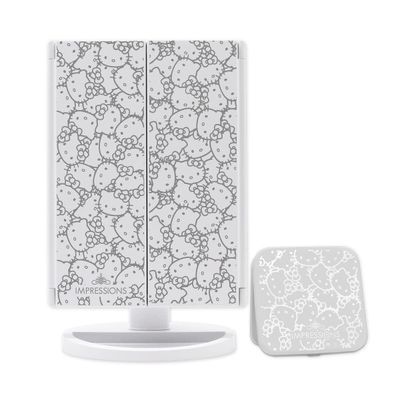 Impressions Vanity Hello Kitty Lighted Makeup Mirrors Bundle, Supercute Trifold and Compact Mirror with LED Lights, Magnification, Touch Screen, Travel Accessories Portable Hand Mirror (White)
