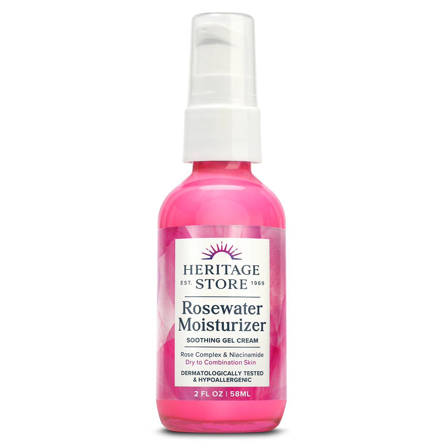 HERITAGE STORE Rosewater Facial Moisturizer - Soothing Gel Cream w/Rose Complex, Niacinamide and Hyaluronic Acid - Dry to Combination Skin - Hypoallergenic, Vegan, Cruelty Free, 60-Day Guarantee, 2oz