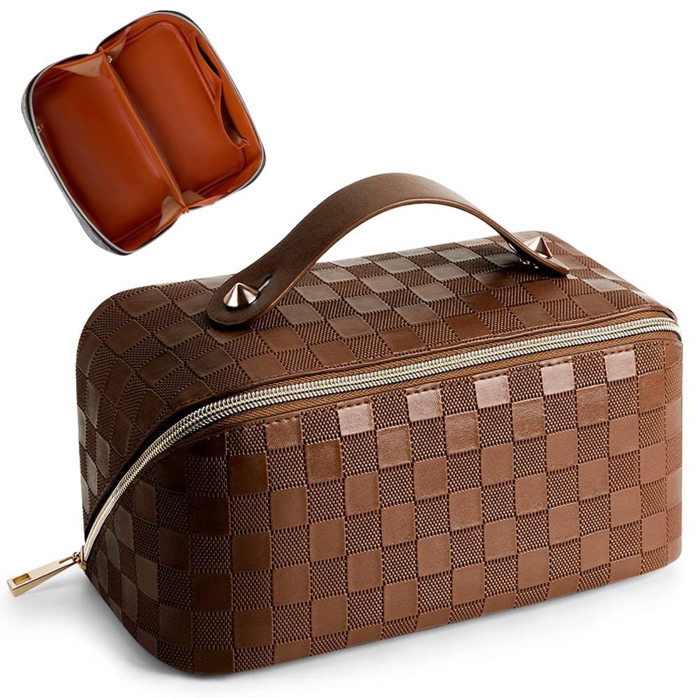 Large Capacity Travel Cosmetic Bag Plaid Checkered Makeup Bag Portable Leather Waterproof Skincare Bag with Handle and Divider for Women 01-Brown
