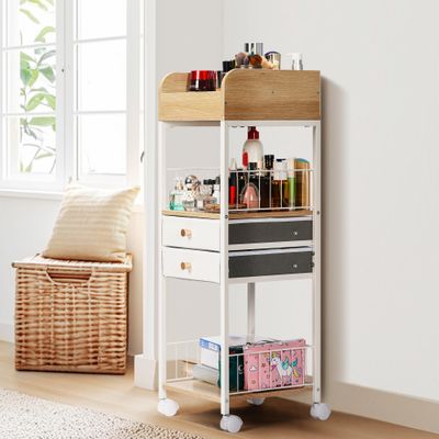 VIVOHOME Makeup Organizer with Drawers, Cosmetics Display Cases, 2 Shelves Floor Skincare Organizer Cart, Vanity Organizer Holder for Perfumes, Nail Polish, Hair Tools, Gift for Mom, Wood Color
