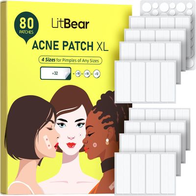 LitBear Large Pimple Patches for Face (4 Sizes 80 Patches), Big Acne Patches, XL Hydrocolloid Bandages Strips for Body, Forehead, Cheek, Chin, Butt, Back &amp; Chest, Rectangle hydrocolloid Patch