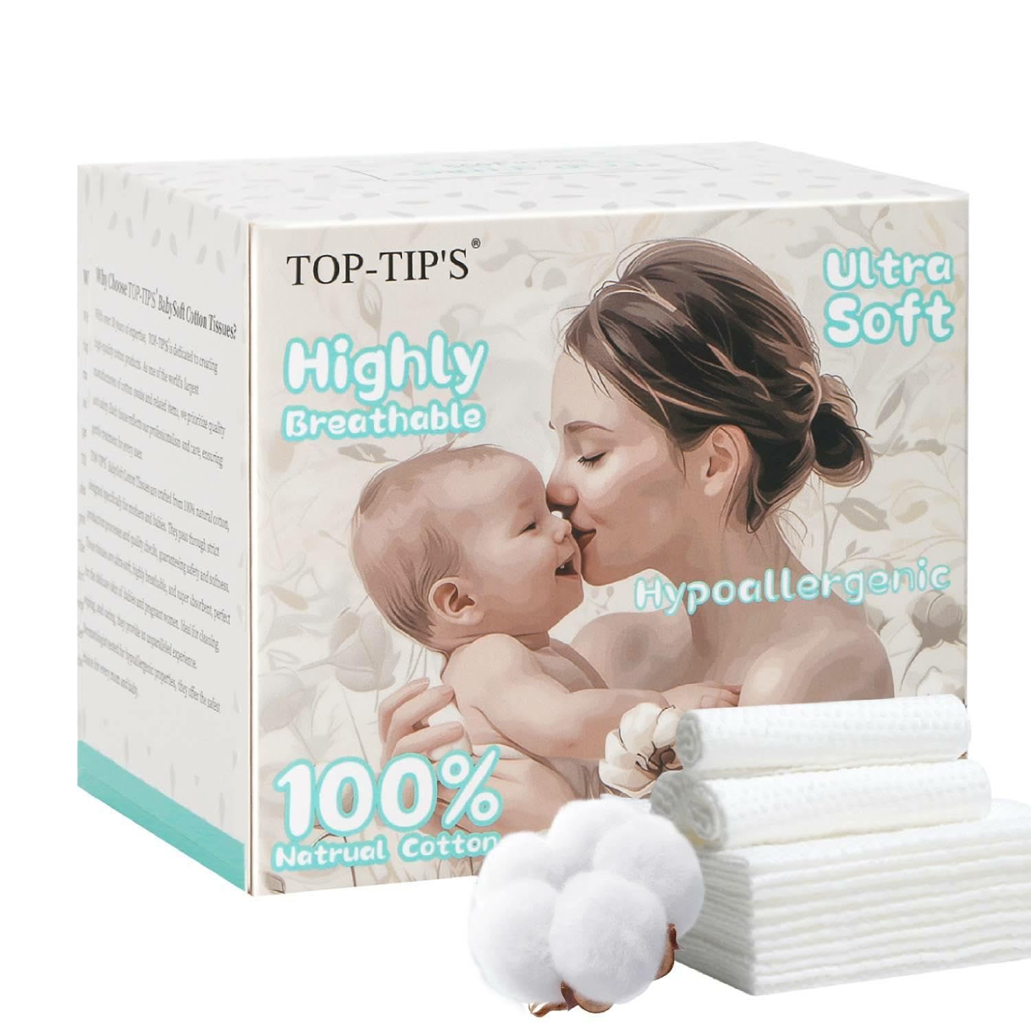 Top-Tip&#39;s BabySoft 100% Pure Cotton Disposable Face Towels, Lint-Free Dry Wipes for Babies and Sensitive Skin, Ultra Soft Facial Tissue, 7.88x10, 40 Count