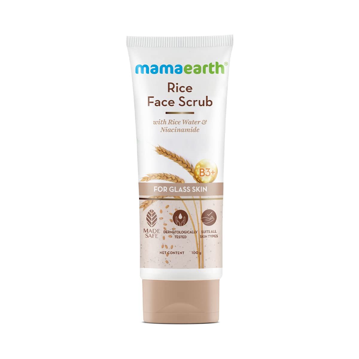 Mamaearth Rice &amp; Niacinamide Face Scrub | Gently Exfoliates &amp; Enhances Skin Tone | Unclogs &amp; Shrinks Open Pores | Unisex Cleanser for All Skin Types | 3.53 Oz/100g