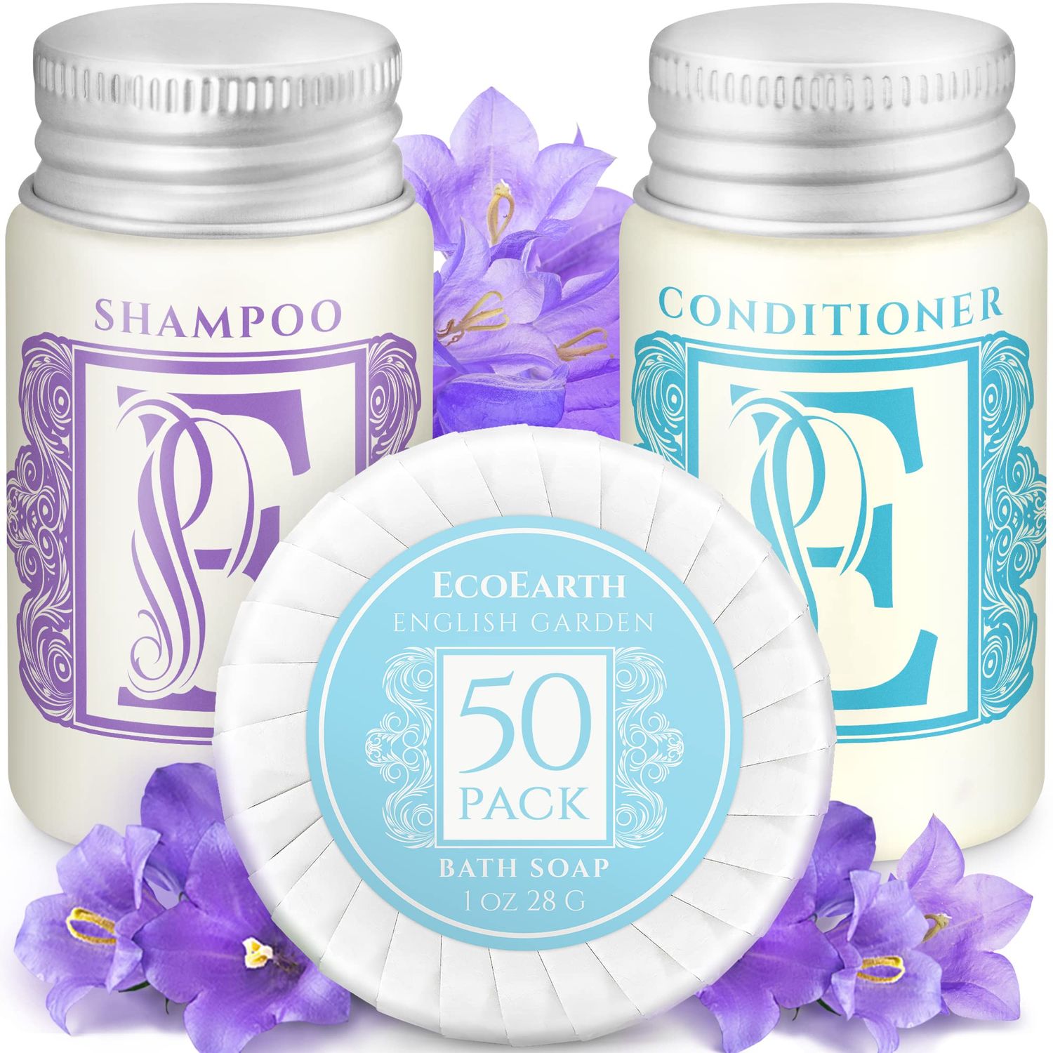 Luxury Travel and Hotel Amenities Set (1 Oz, 150 Pieces), Grade-A Guest Ingredients and Gift Packaging Toiletries, Includes 50 Round Soaps, 50 Shampoos &amp; 50 Conditioners by EcoEarth