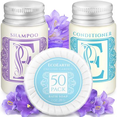 Luxury Travel and Hotel Amenities Set (1 Oz, 150 Pieces), Grade-A Guest Ingredients and Gift Packaging Toiletries, Includes 50 Round Soaps, 50 Shampoos &amp; 50 Conditioners by EcoEarth