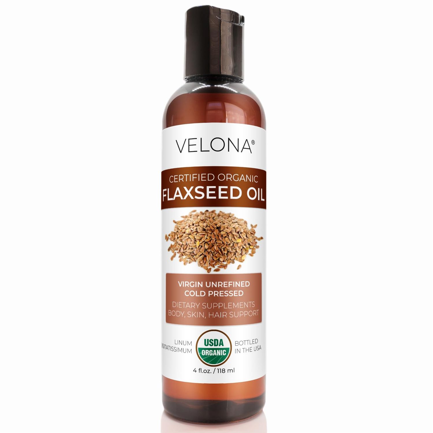 velona USDA Certified Organic Flaxseed Oil - 4 fl oz | 100% Pure and Natural Carrier Oil | Unrefined, Cold Pressed | Hair Growth, Body, Face &amp; Skin Care | Use Today - Enjoy Results