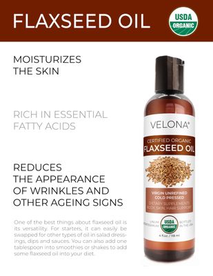 velona USDA Certified Organic Flaxseed Oil - 4 fl oz | 100% Pure and Natural Carrier Oil | Unrefined, Cold Pressed | Hair Growth, Body, Face & Skin Care | Use Today - Enjoy Results