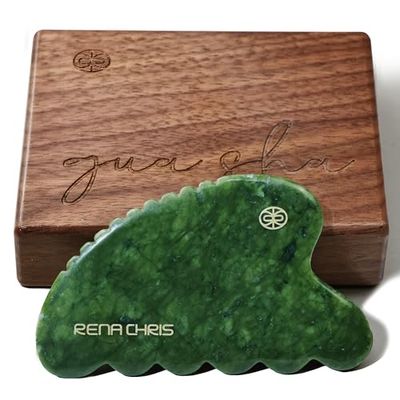 Rena Chris Gua Sha Facial Tool, Natural Xiuyan Jade Stone Body Gua Sha with Exquisite Wooden Box, Large Guasha Suitable for Face Lifting, Puffiness Reducing and Whole Body Massage, Skin Care Massager