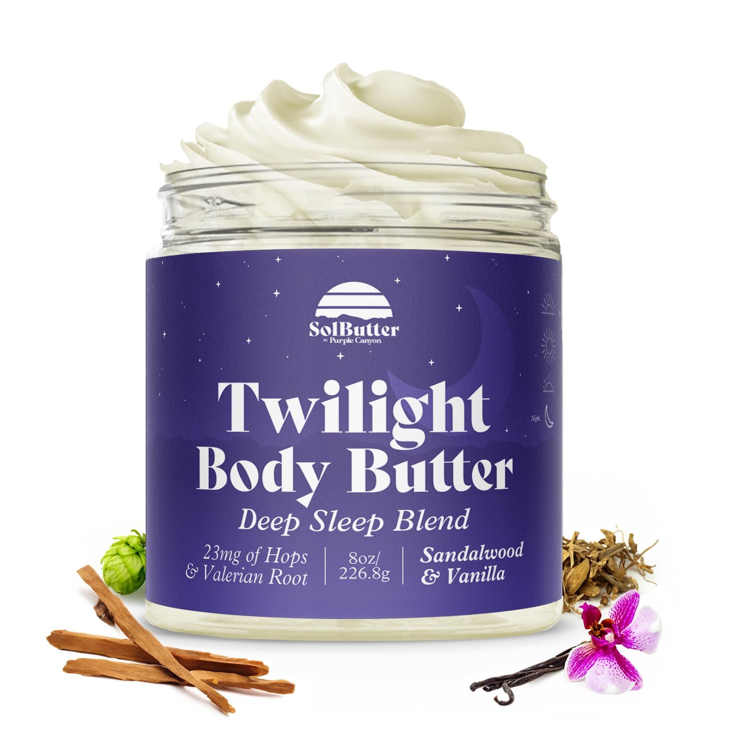 PURPLE CANYON Twilight Whipped Body Butter 8oz | Relaxing Vanilla Sandalwood Scent for Deep Sleep | Natural Skin Care with Hops &amp; Valerian Root