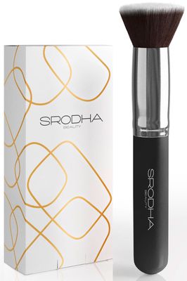 SRODHA Beauty Make Up Brush Set | 3 Piece Kit | Face Brushes Liquid Foundation Concealer Powder Blush Blending | Includes Flat Top Kabuki, Makeup Blender Sponge &amp; Brush Silicone Cleaning Mat (Black)