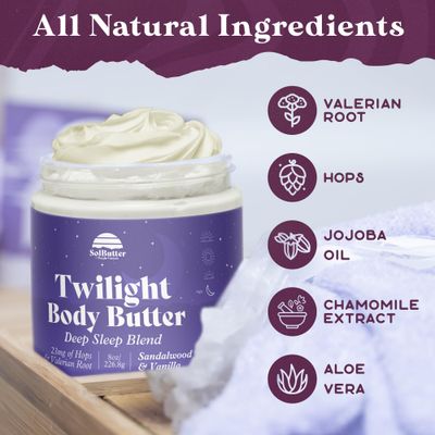PURPLE CANYON Twilight Whipped Body Butter 8oz | Relaxing Vanilla Sandalwood Scent for Deep Sleep | Natural Skin Care with Hops &amp; Valerian Root
