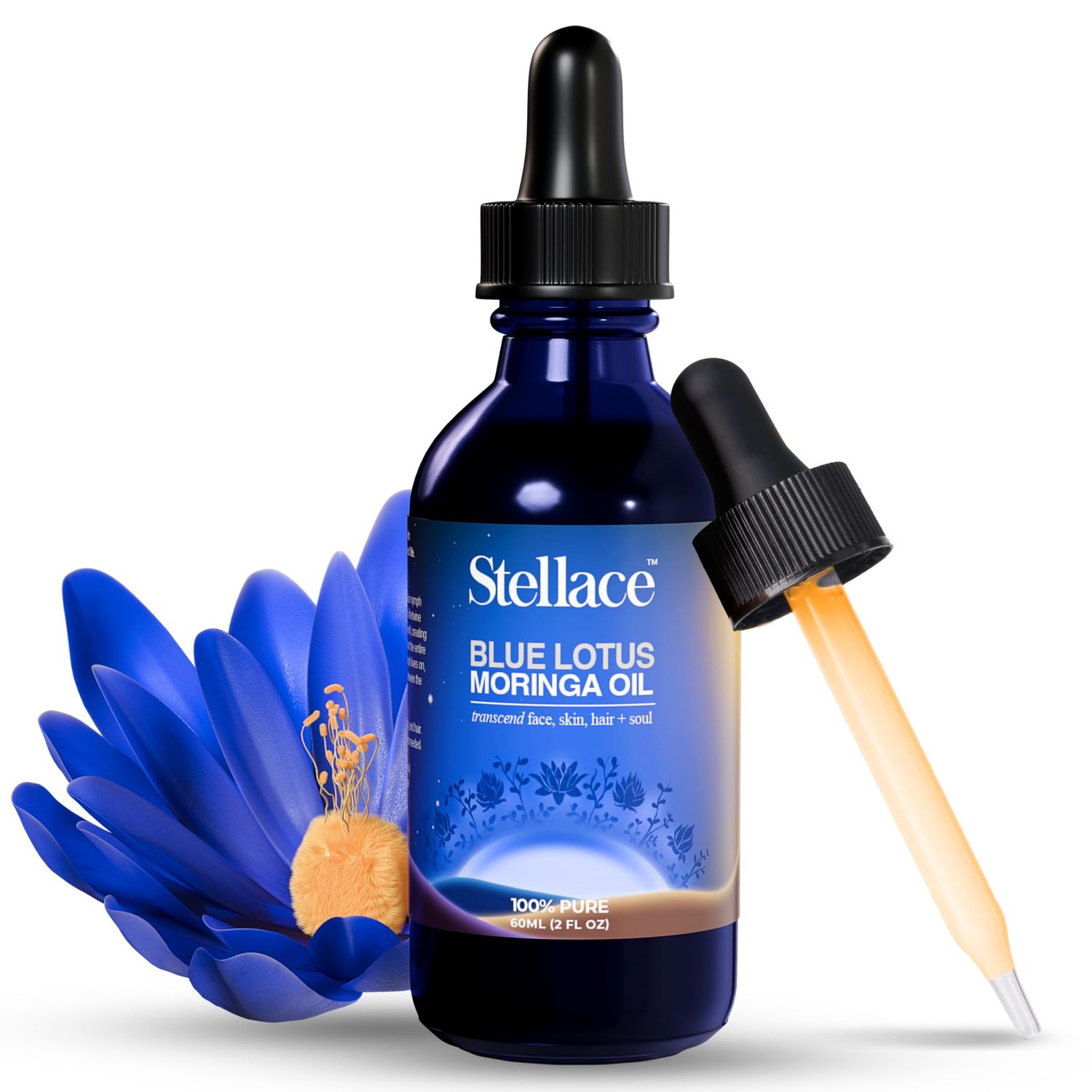 stellace Organic Egyptian Blue Lotus Moringa Oil - 60ml - 100% Pure &amp; Natural Extract - Premium Therapeutic Grade For Face, Body and Hair Oil - Relaxation &amp; Advanced Skin Care